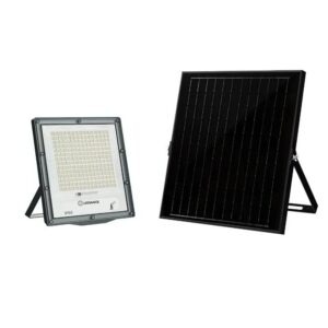 This is a picture of a 100w Ledvance Solar Flood Light with its solar panel.