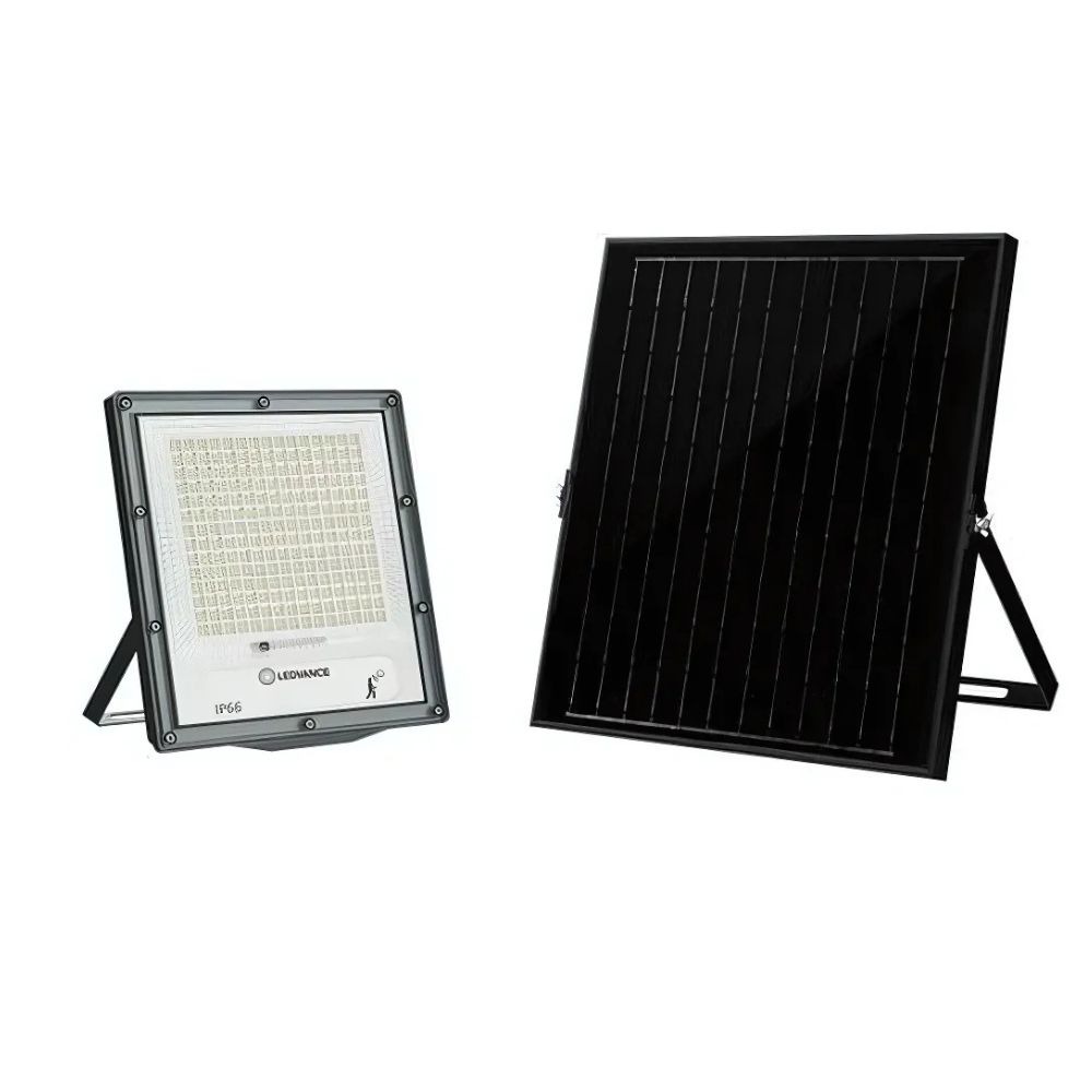 This is a picture of a 100w Ledvance Solar Flood Light with its solar panel.