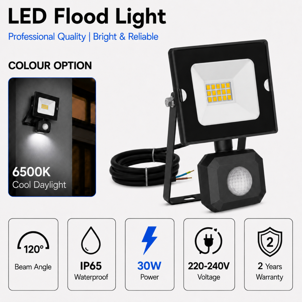 led flood light / 30w / motion sensor / 2550lm / 6500k / 2 year warranty
