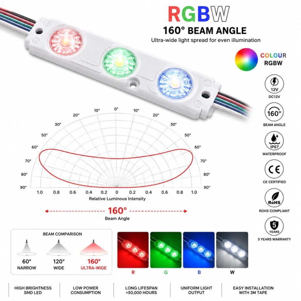 led module – 3 chip / 160° / 0.72w / 12v / rgbw / 3 year warranty
