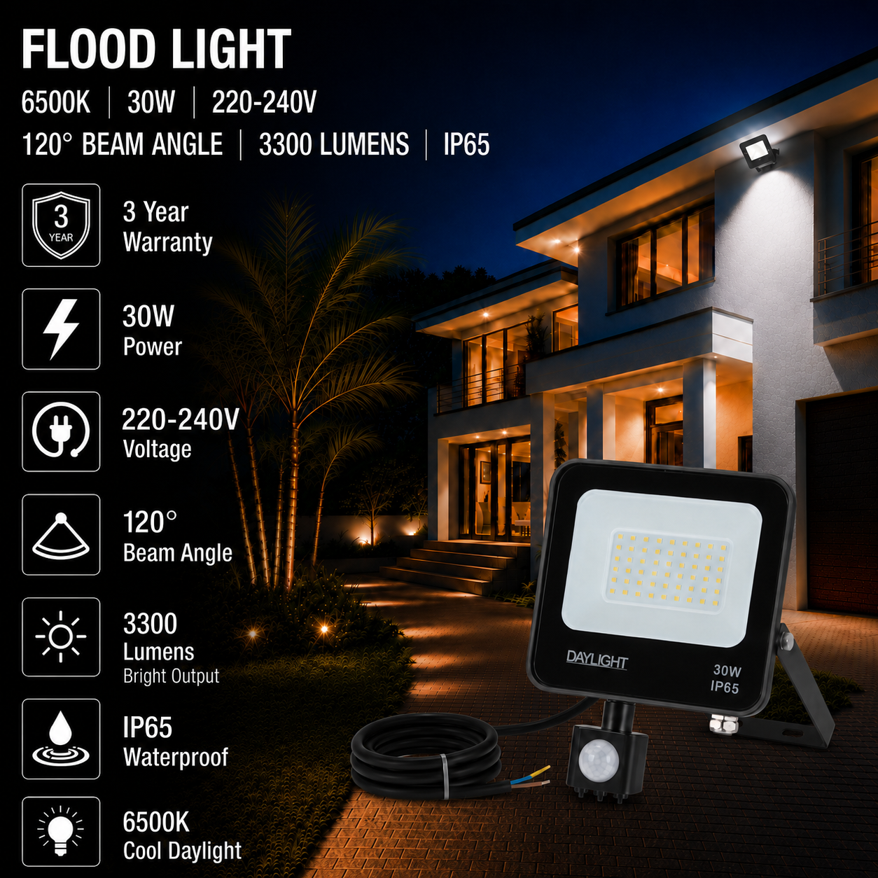 led flood light / 30w / motion sensor / 3300lm / 6500k / 3 year warranty