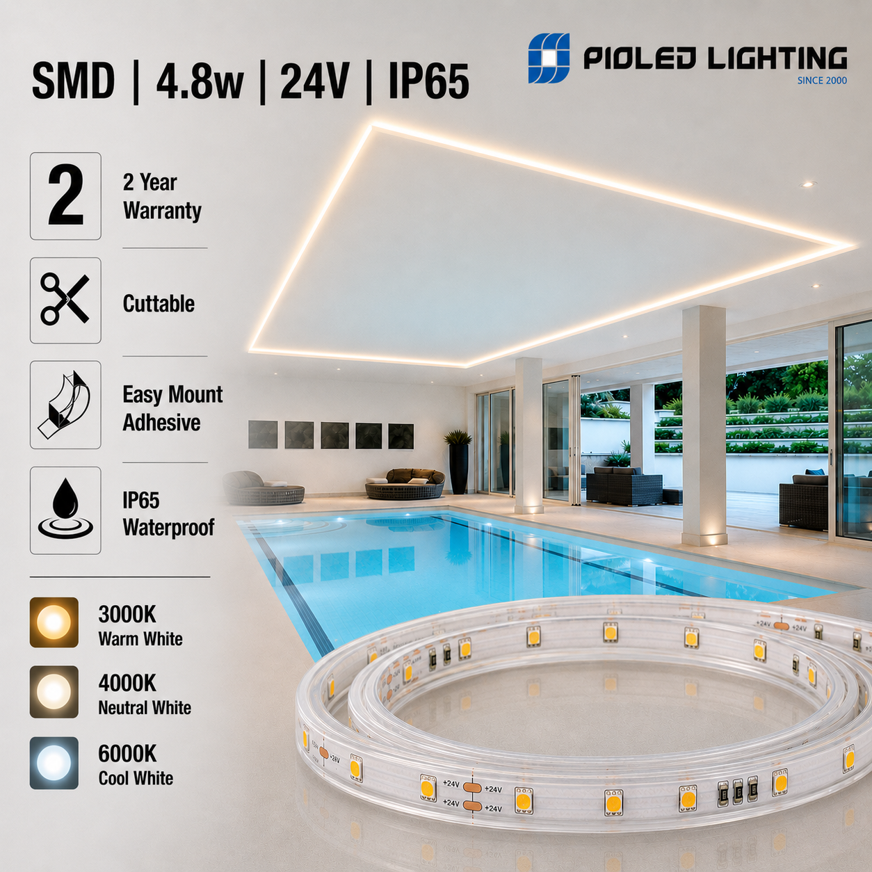 4.8w 24v ip65 outdoor strip light (8mm)